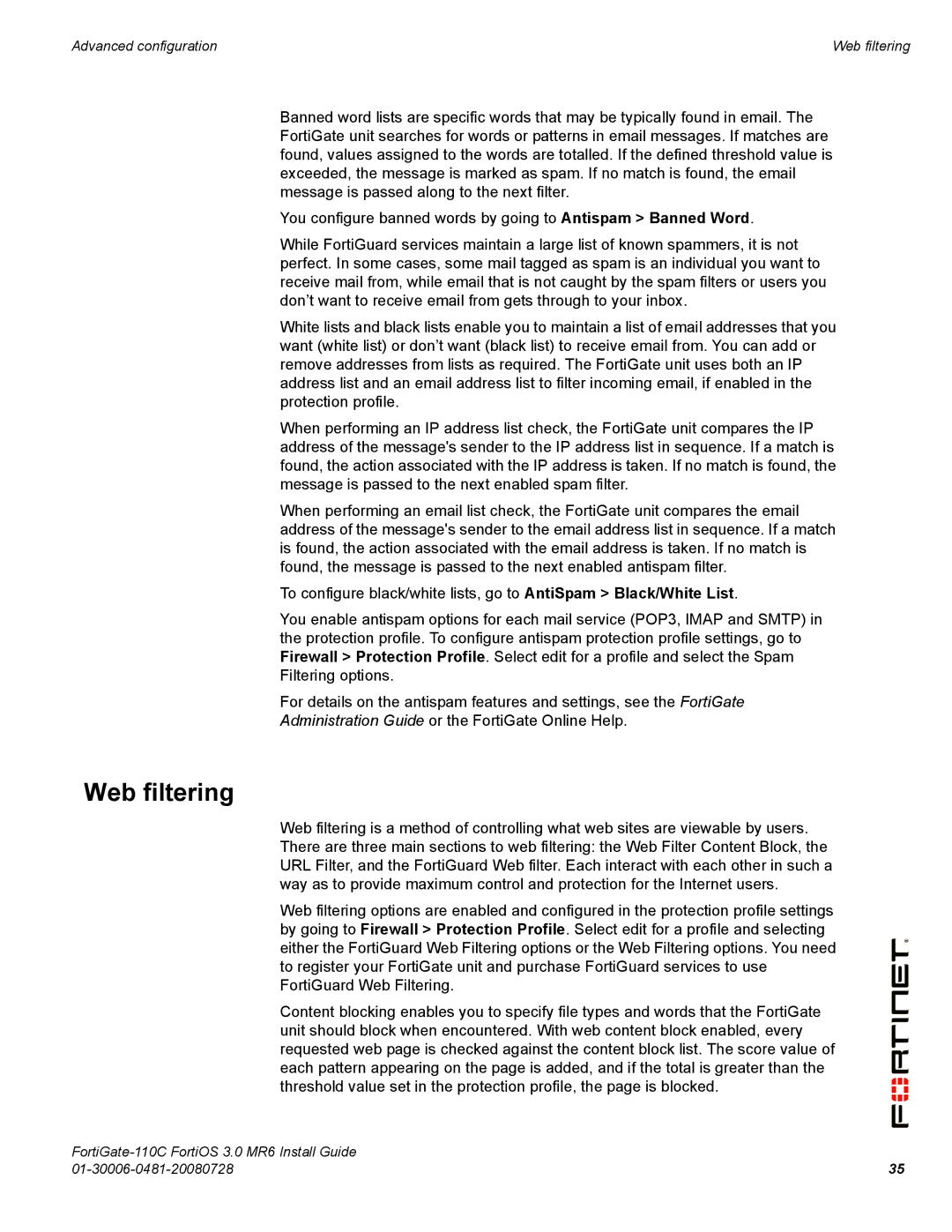 Fortinet 110C manual Web filtering 