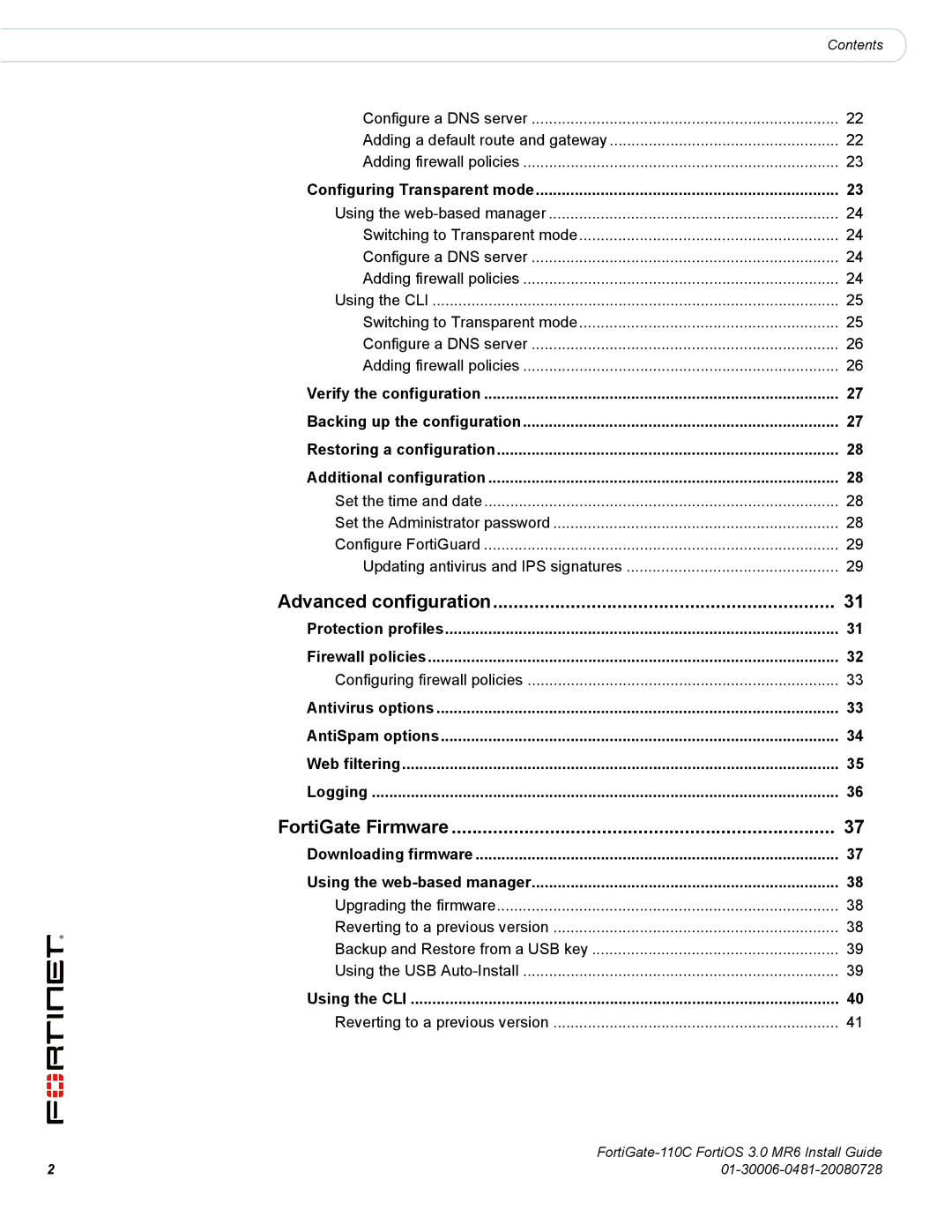 Fortinet 110C manual Advanced configuration, FortiGate Firmware 