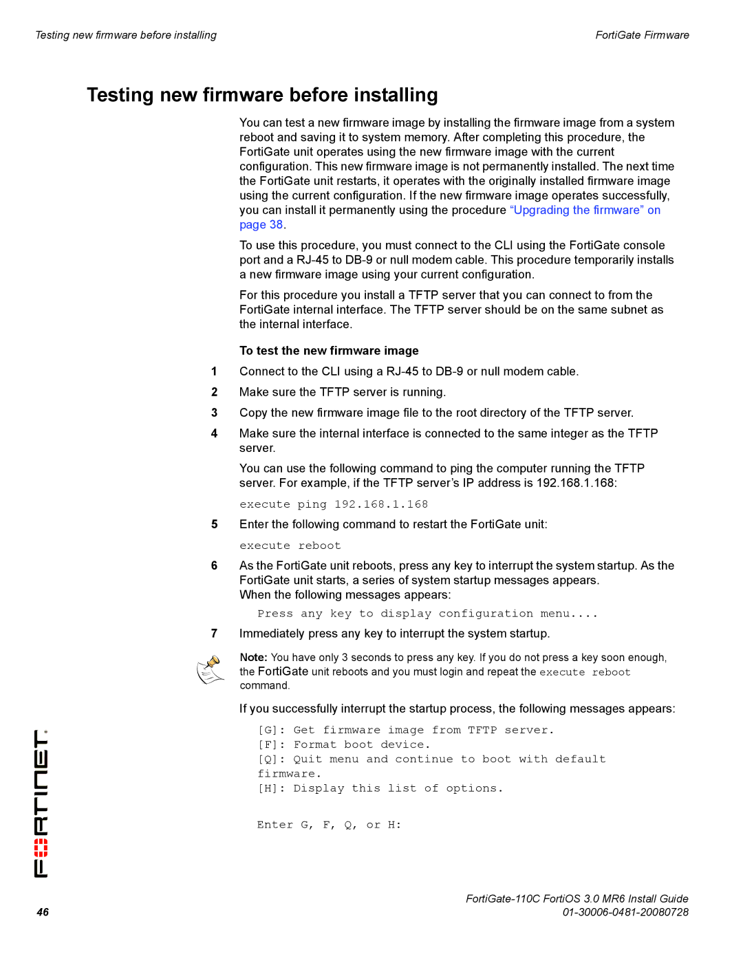 Fortinet 110C manual Testing new firmware before installing, To test the new firmware image 