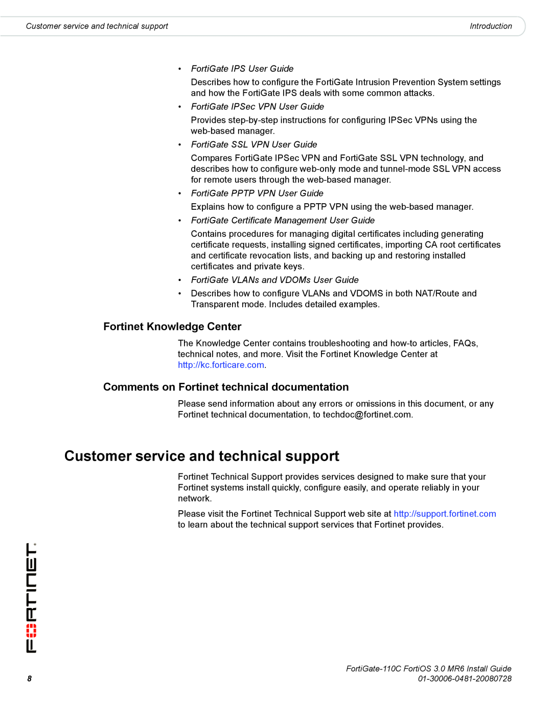 Fortinet 110C manual Customer service and technical support, Fortinet Knowledge Center, FortiGate IPS User Guide 
