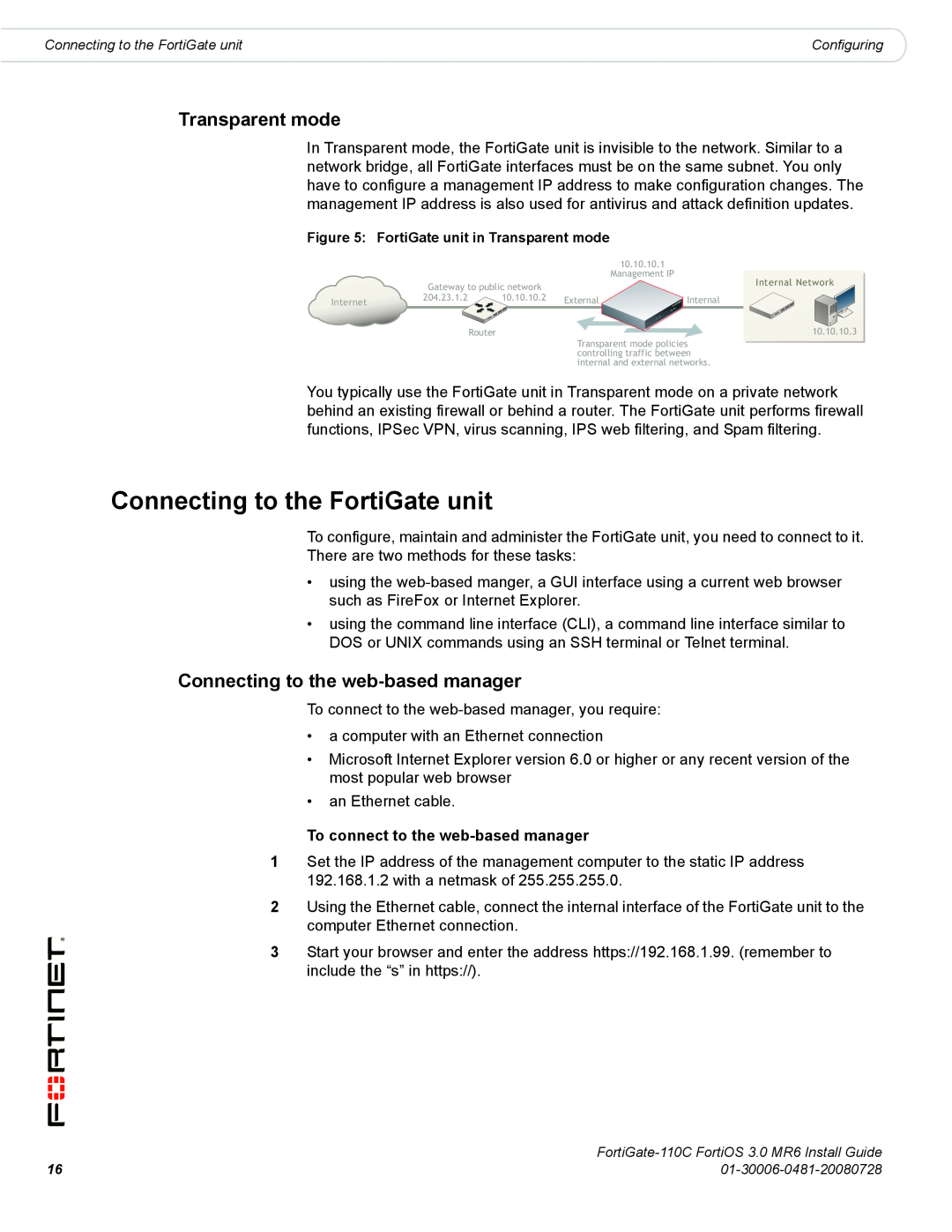 Fortinet 110C manual Connecting to the FortiGate unit, Transparent mode, Connecting to the web-based manager 