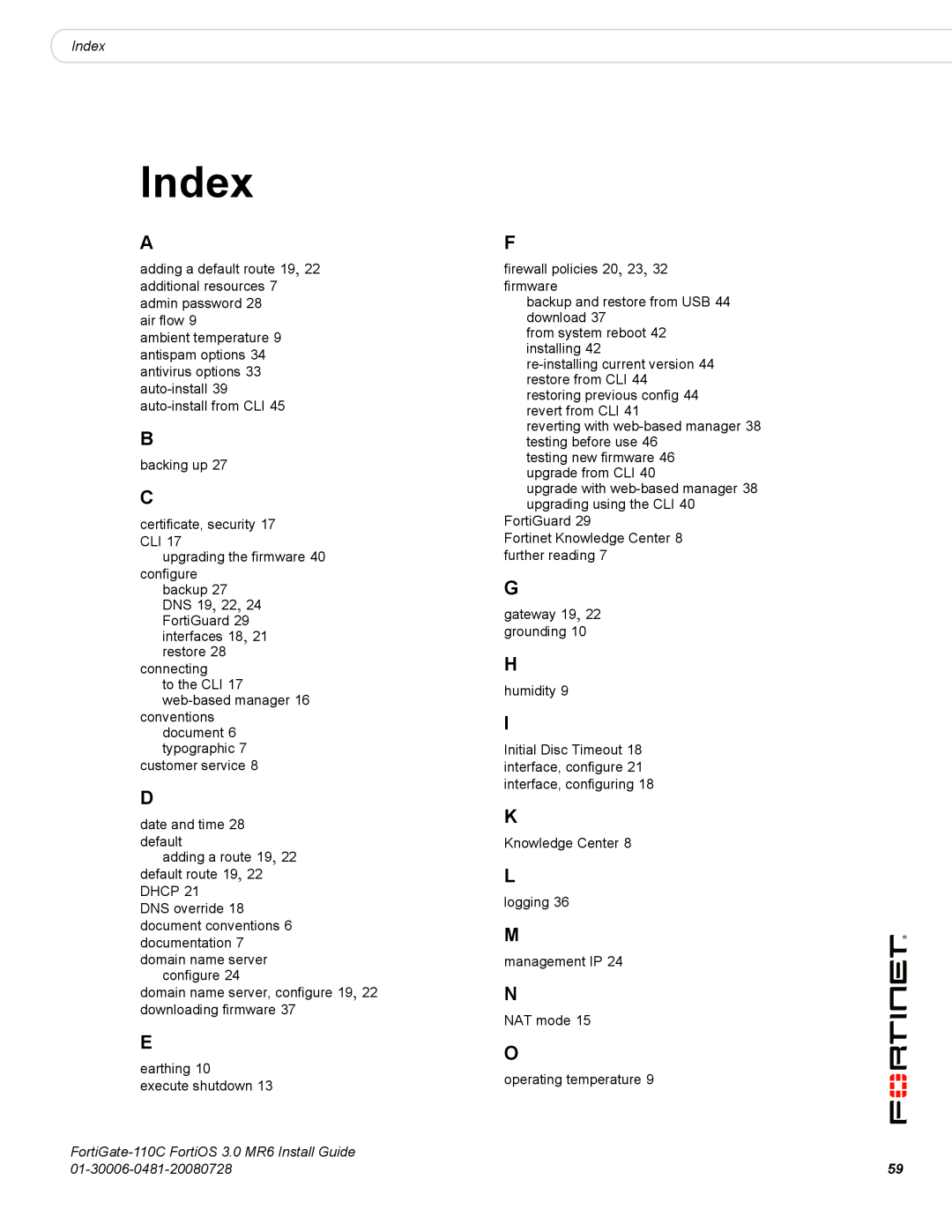 Fortinet 110C manual Index 