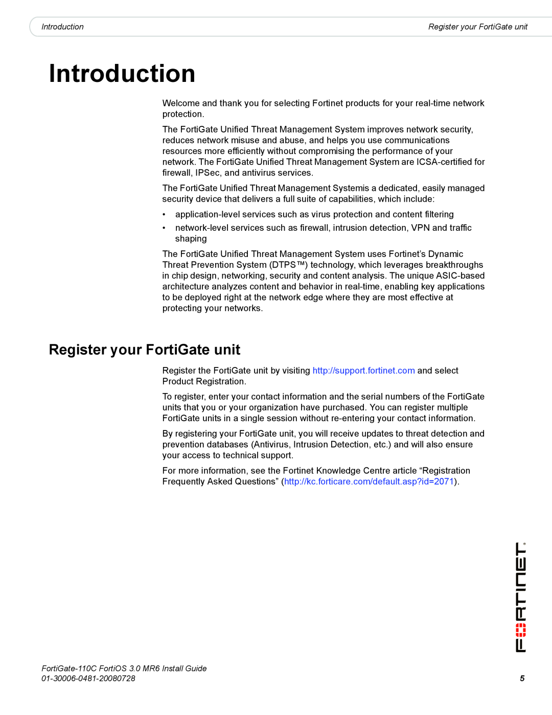 Fortinet 110C manual Introduction, Register your FortiGate unit 