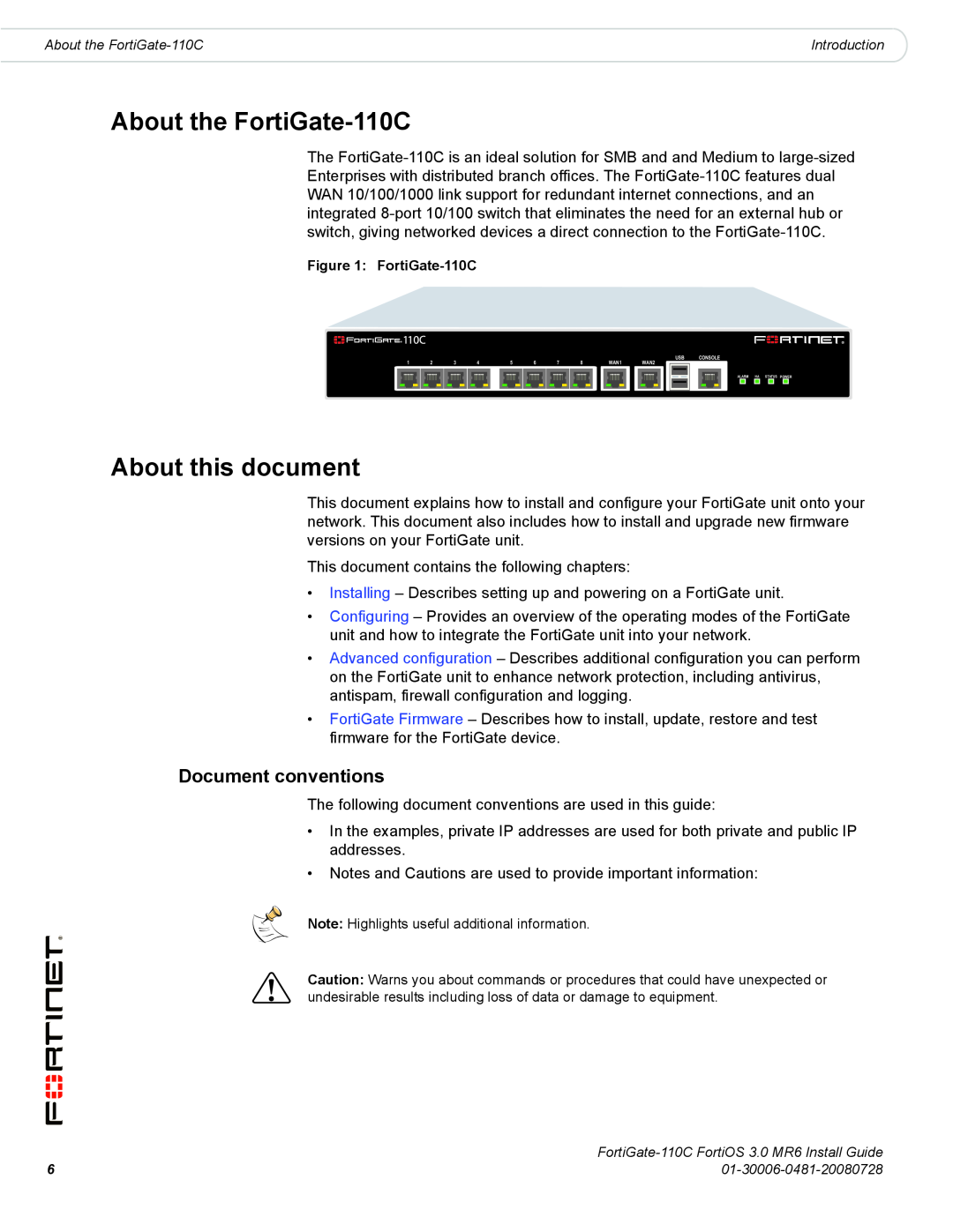 Fortinet manual About the FortiGate-110C, About this document, Document conventions 
