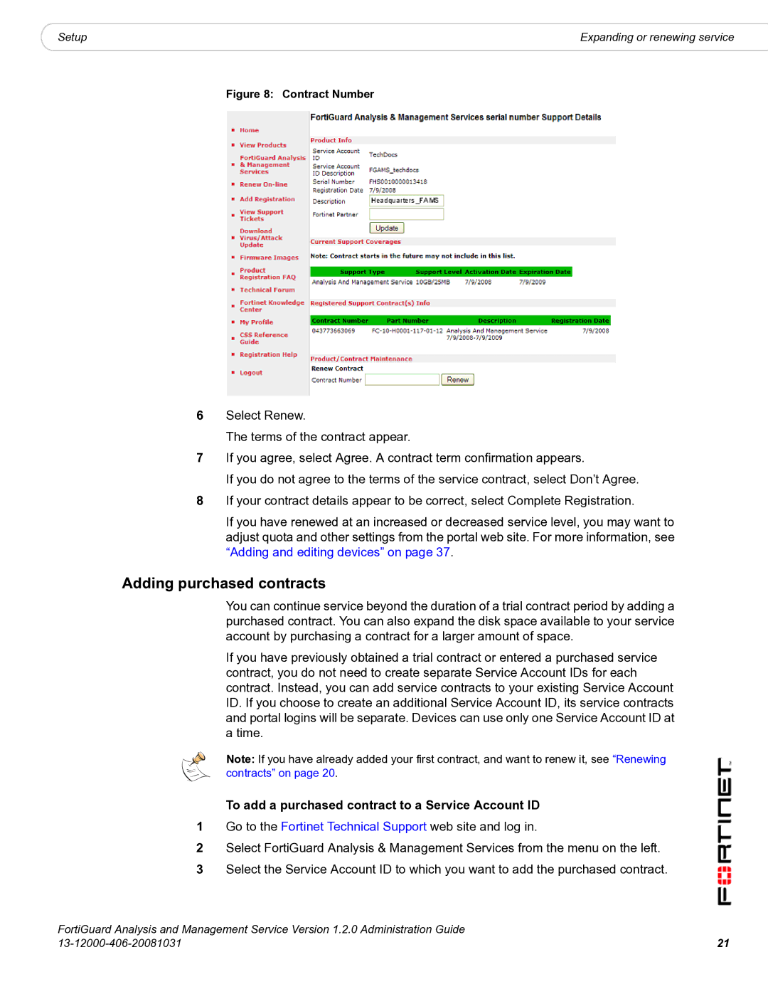 Fortinet 1.2.0 manual Adding purchased contracts, To add a purchased contract to a Service Account ID 