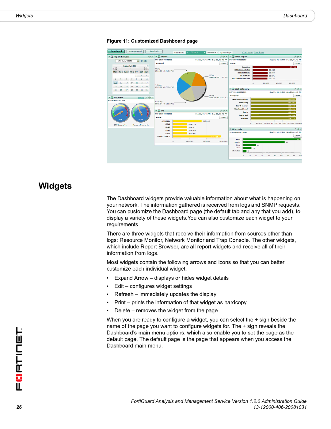 Fortinet 1.2.0 manual Widgets, Customized Dashboard 