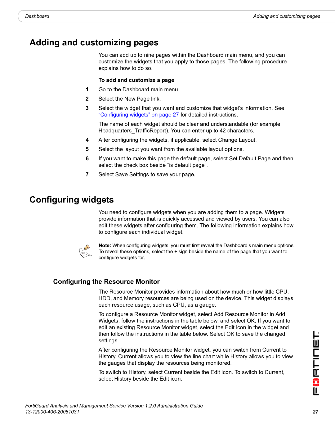 Fortinet 1.2.0 Adding and customizing pages, Configuring widgets, Configuring the Resource Monitor, To add and customize a 