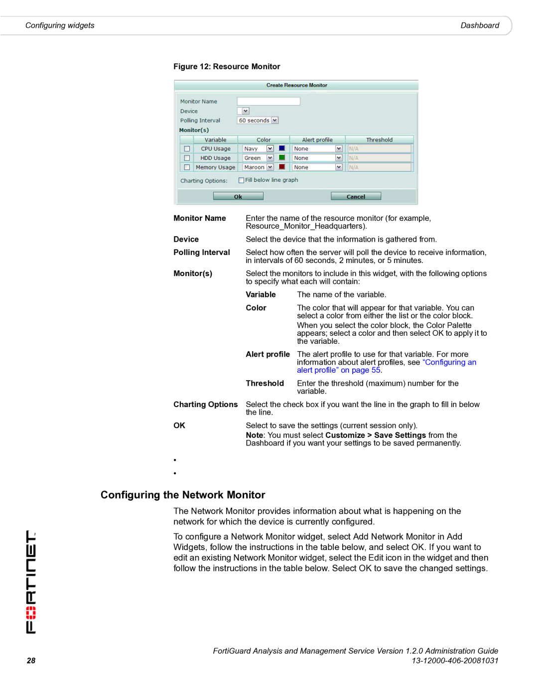 Fortinet 1.2.0 manual Configuring the Network Monitor 