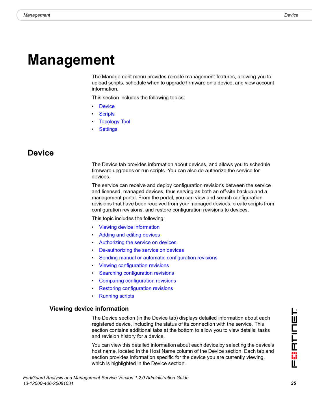 Fortinet 1.2.0 manual Device, Viewing device information 