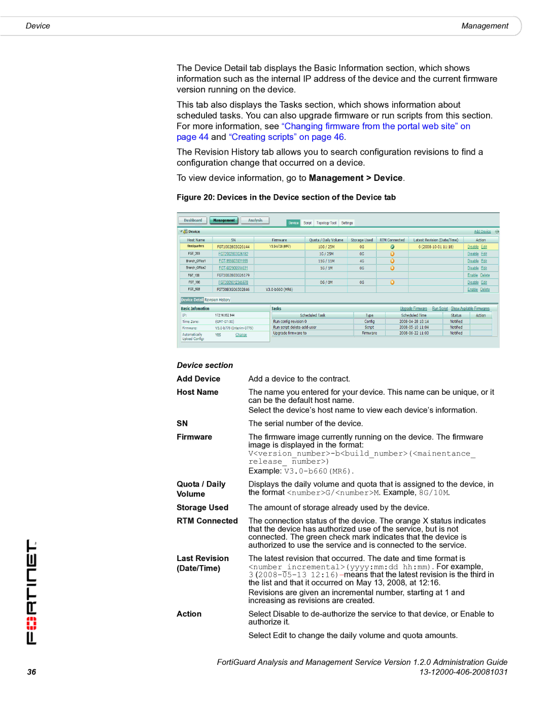 Fortinet 1.2.0 manual Add Device, Host Name, Firmware, Quota / Daily, Volume, Storage Used, RTM Connected 