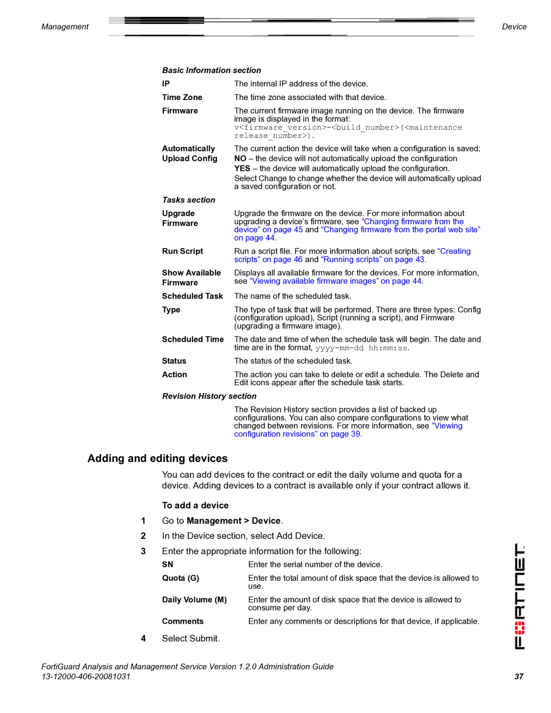 Fortinet 1.2.0 manual Adding and editing devices, To add a device Go to Management Device 