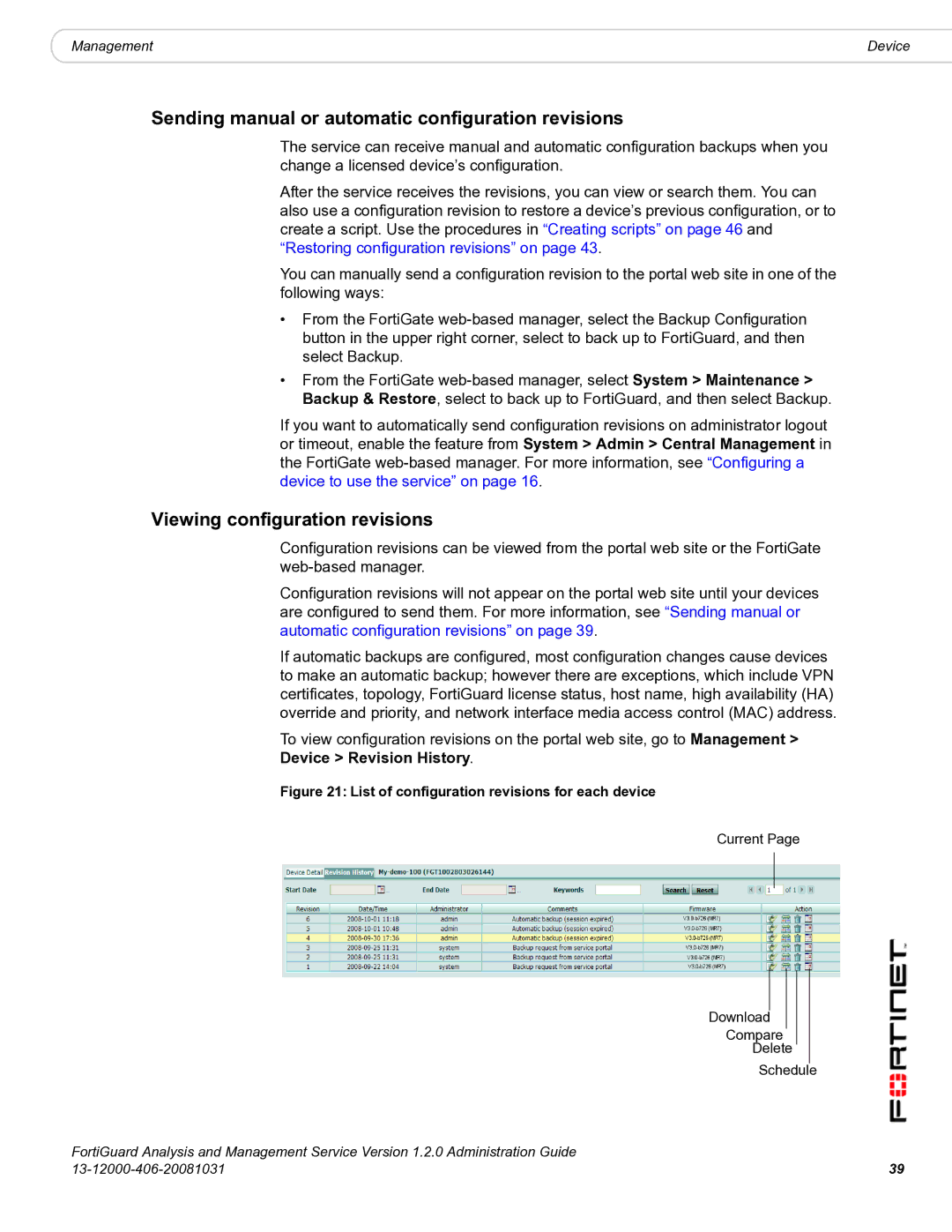 Fortinet 1.2.0 Sending manual or automatic configuration revisions, Viewing configuration revisions 