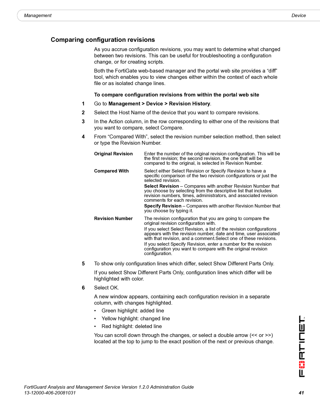 Fortinet 1.2.0 manual Comparing configuration revisions 