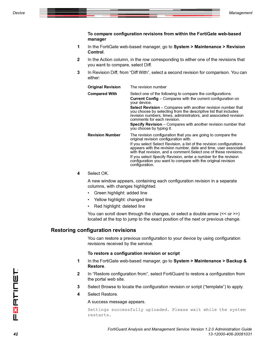 Fortinet 1.2.0 manual Restoring configuration revisions, To restore a configuration revision or script, Original Revision 