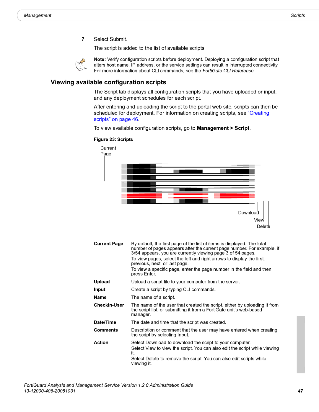 Fortinet 1.2.0 manual Viewing available configuration scripts, Upload, Input, Checkin-User 