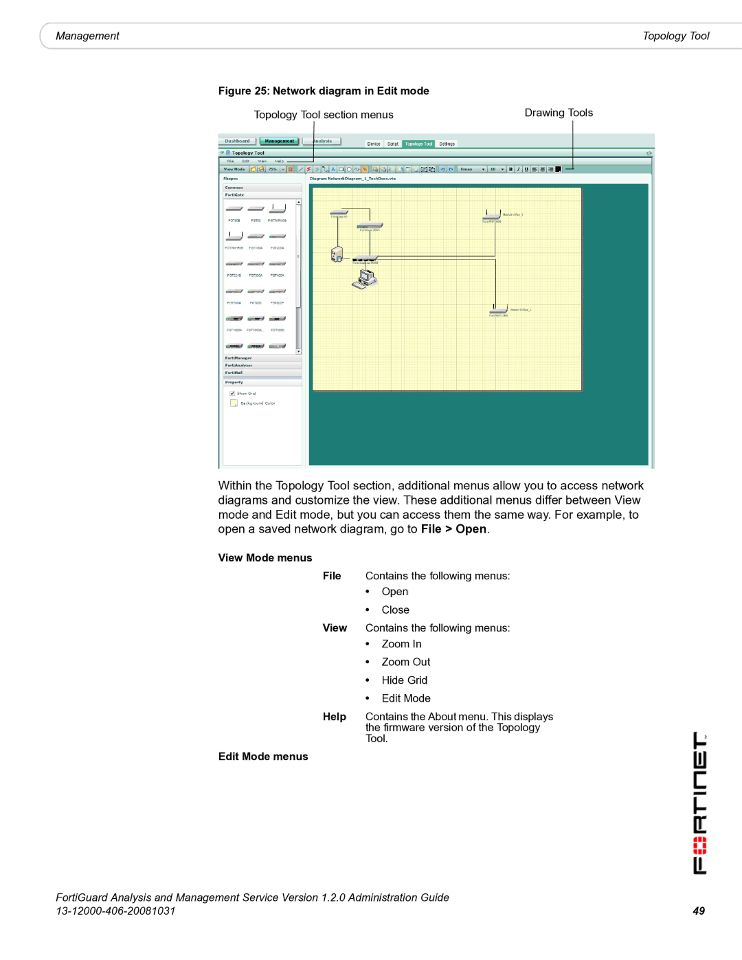 Fortinet 1.2.0 manual View Mode menus, Edit Mode menus 