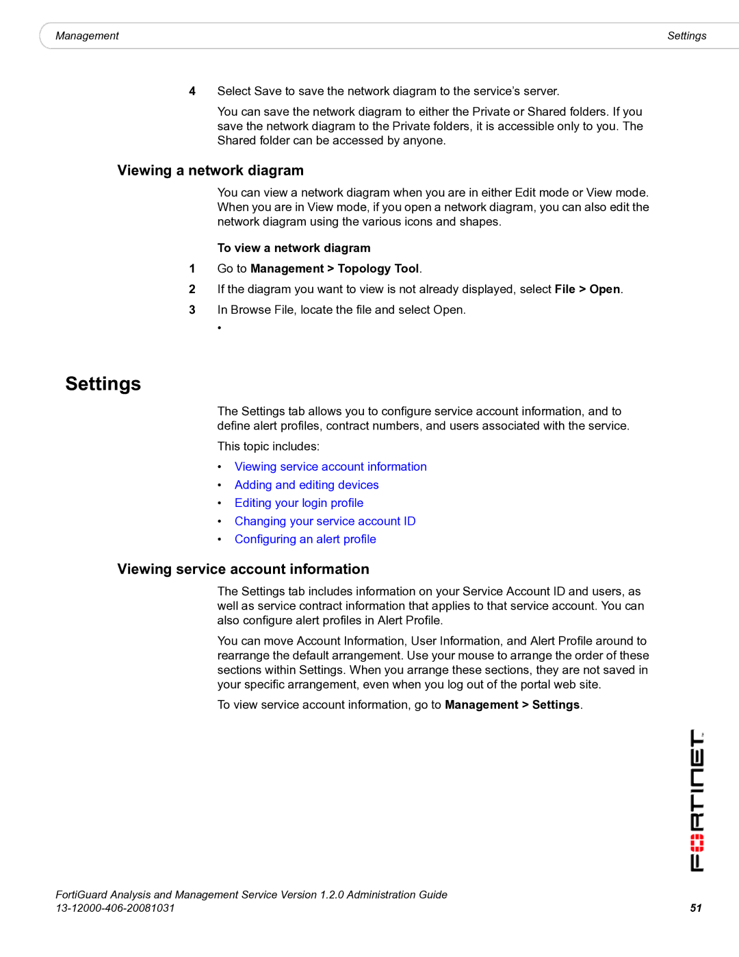 Fortinet 1.2.0 manual Settings, Viewing a network diagram, Viewing service account information 