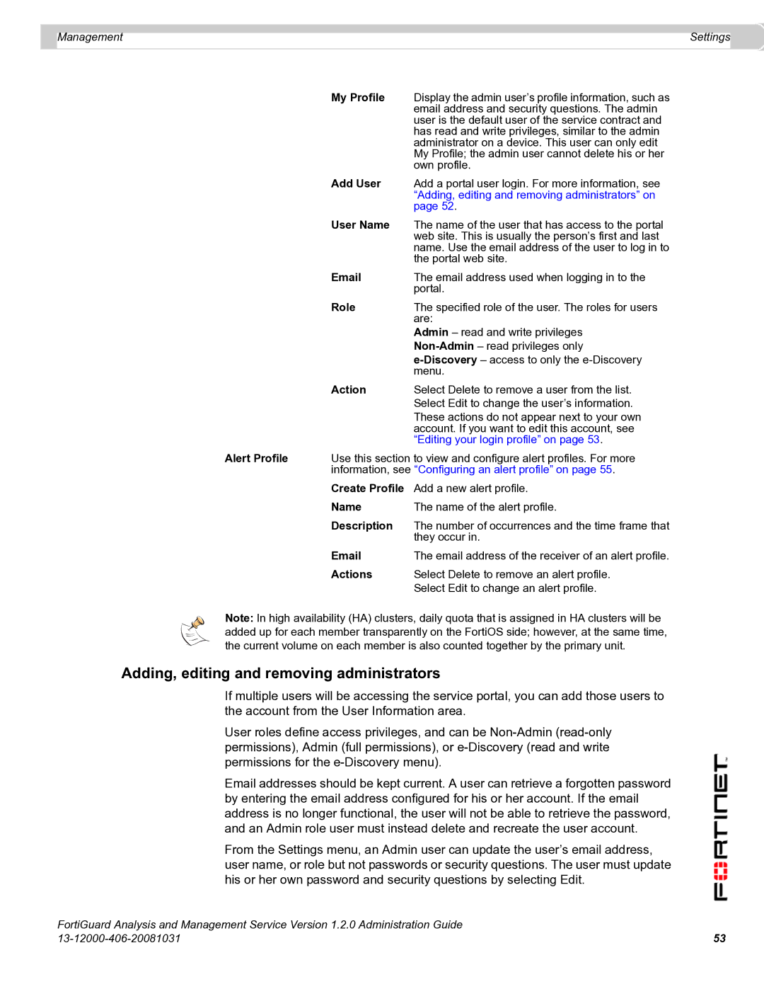 Fortinet 1.2.0 manual Adding, editing and removing administrators 