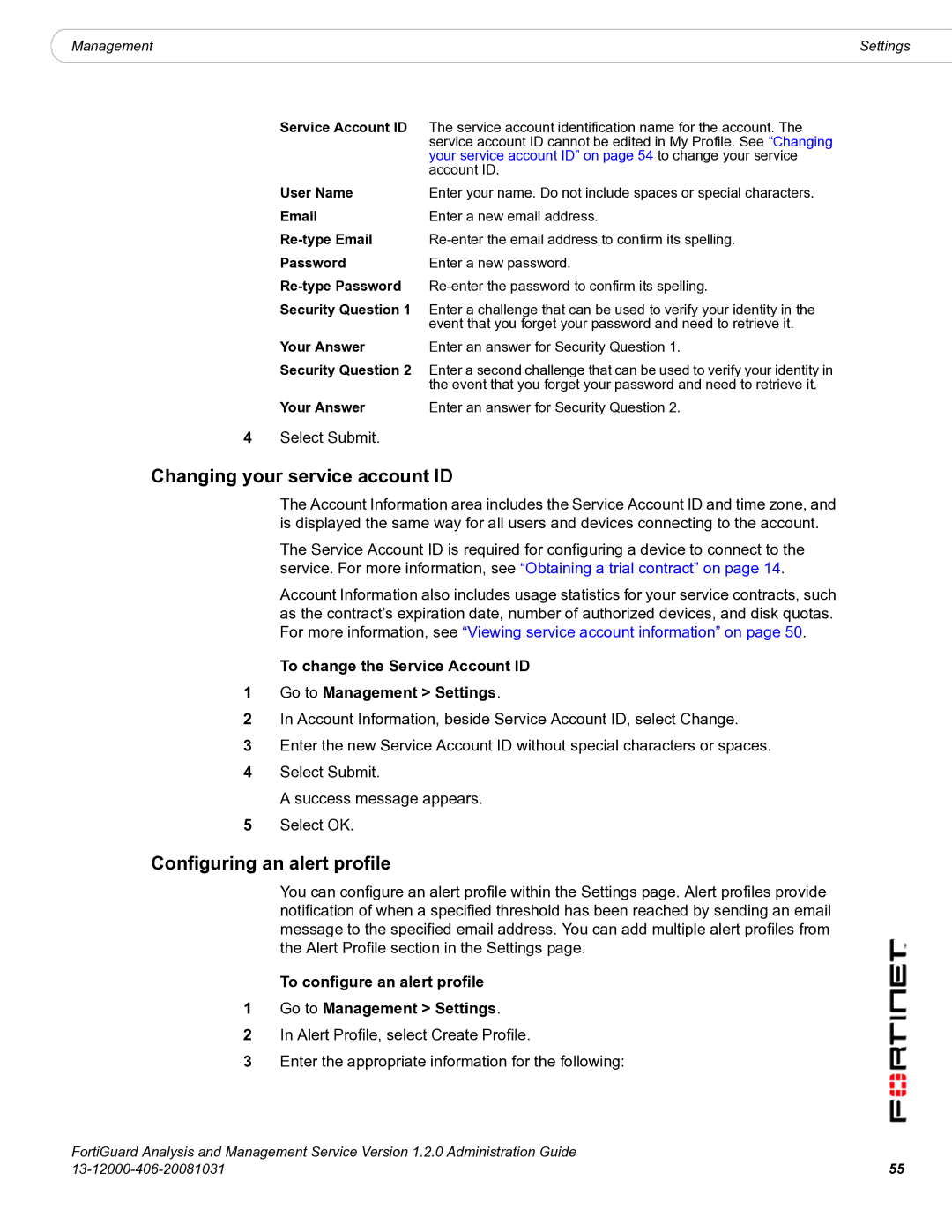 Fortinet 1.2.0 manual Changing your service account ID, Configuring an alert profile, Service Account ID 