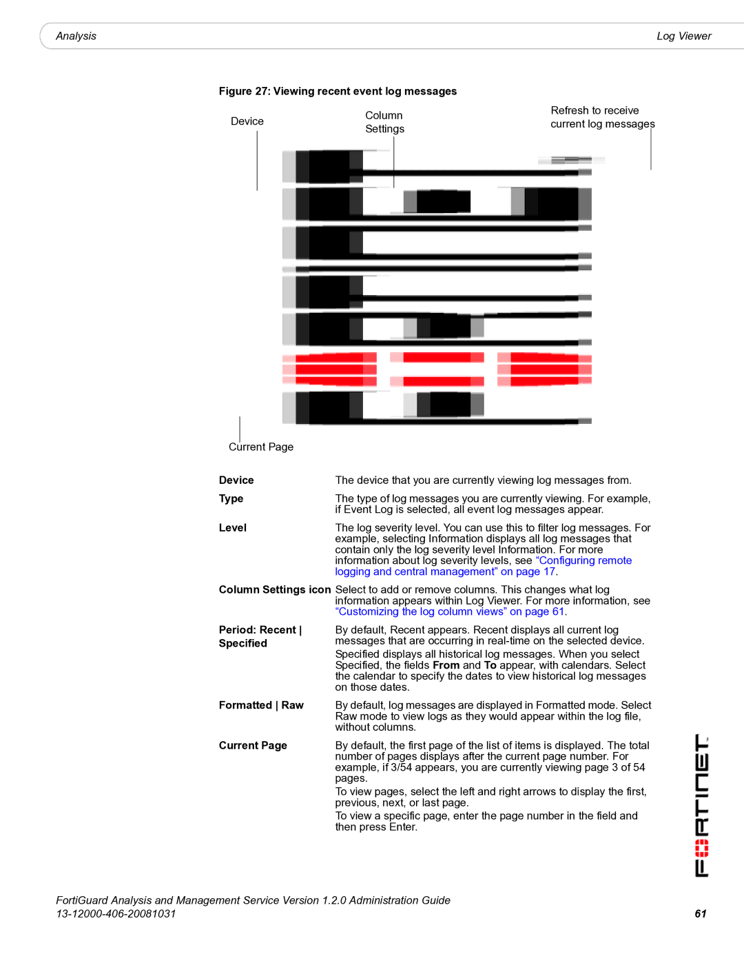 Fortinet 1.2.0 manual Level, Column Settings icon Period Recent Specified, Formatted Raw 