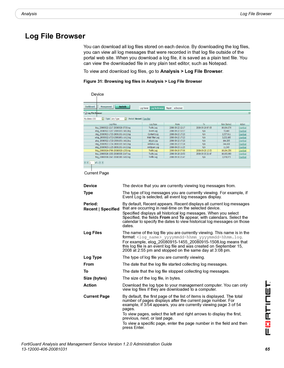 Fortinet 1.2.0 manual Log File Browser, Log Files, Log Type, From, Size bytes 