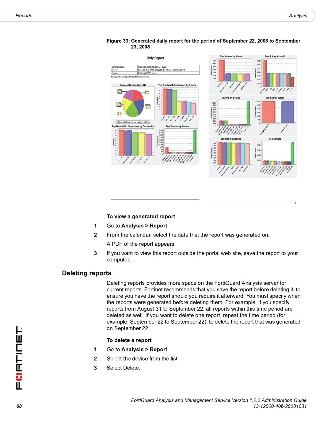 Fortinet 1.2.0 manual Deleting reports, To view a generated report Go to Analysis Report 