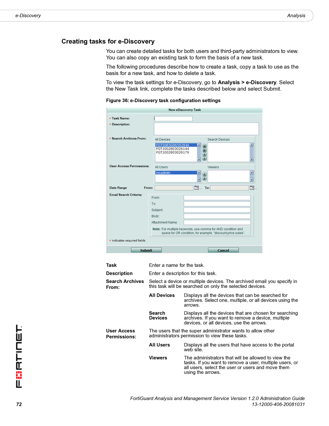 Fortinet 1.2.0 manual Creating tasks for e-Discovery, All Devices 