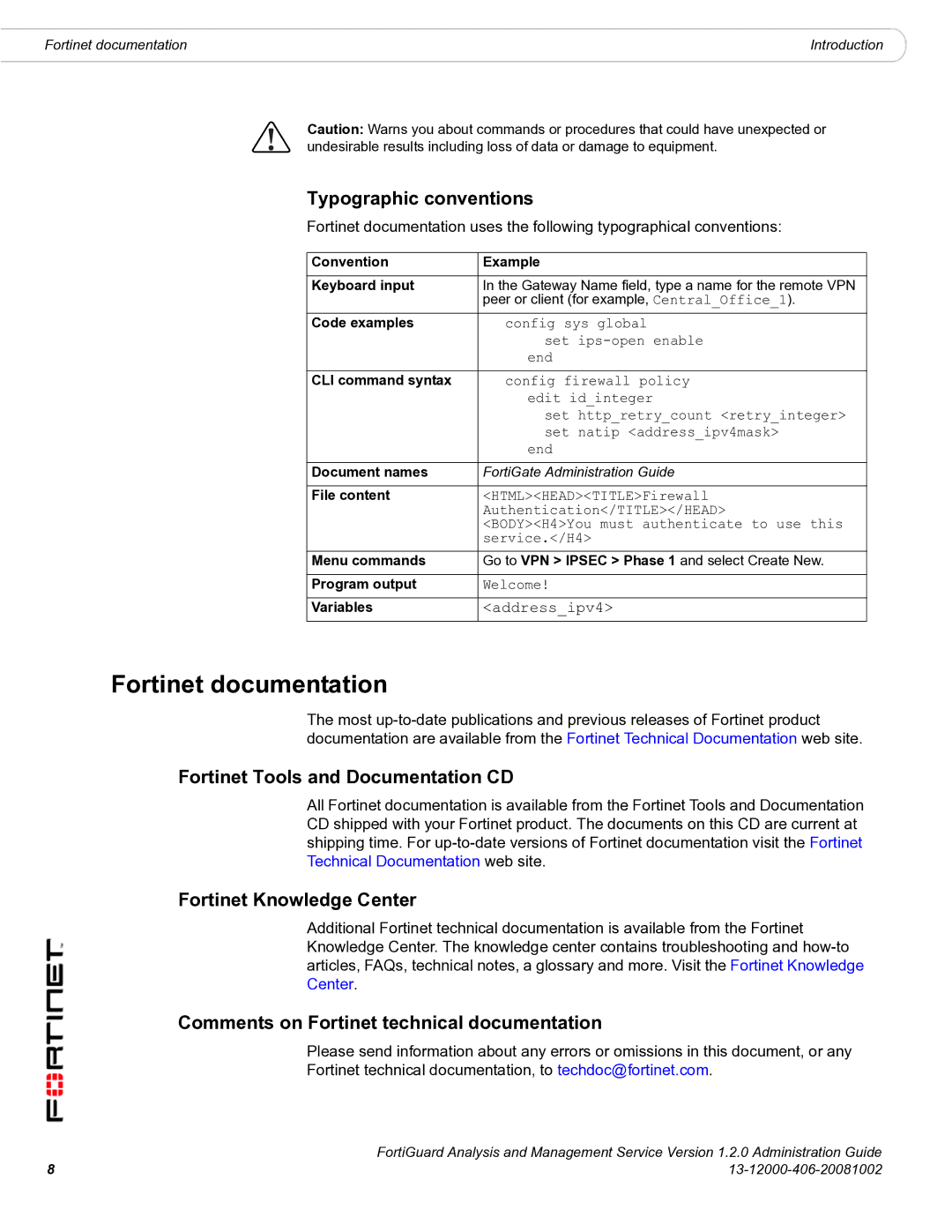 Fortinet 1.2.0 manual Fortinet documentation, Typographic conventions, Fortinet Tools and Documentation CD 