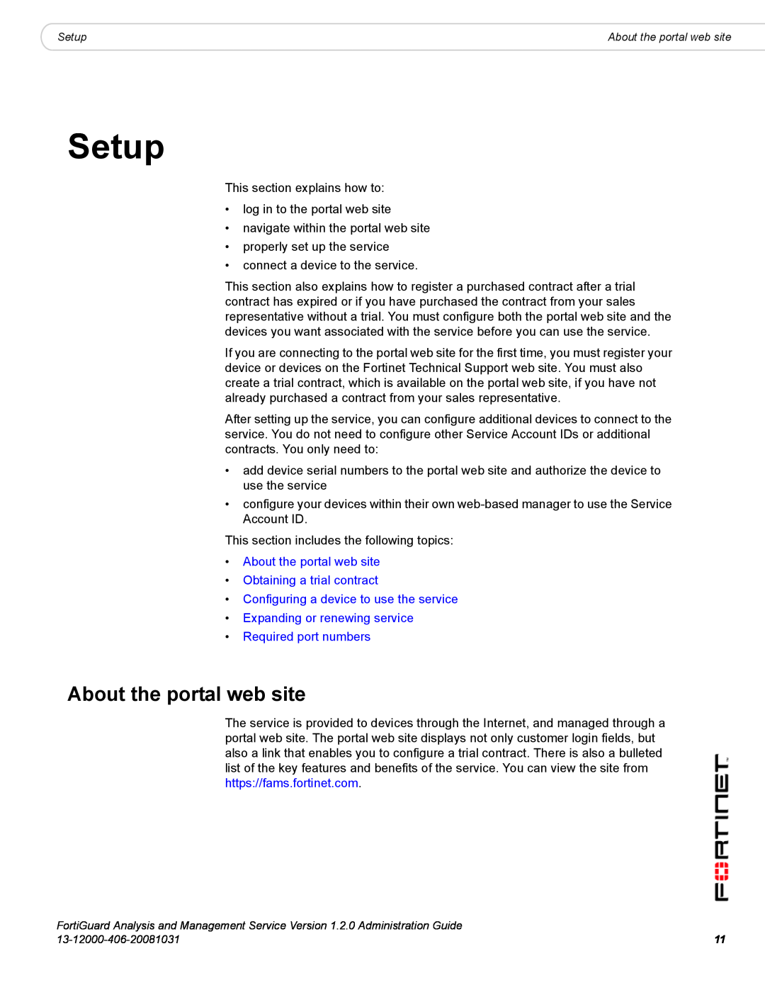 Fortinet 1.2.0 manual Setup, About the portal web site Obtaining a trial contract, Required port numbers 