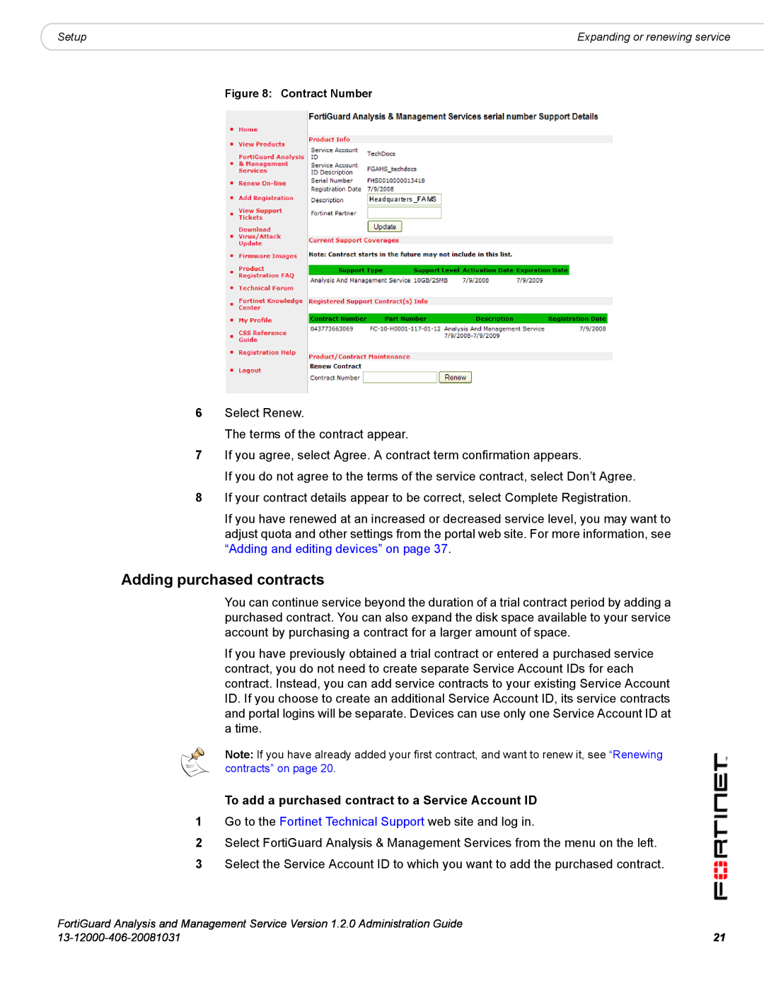 Fortinet 1.2.0 manual Adding purchased contracts, To add a purchased contract to a Service Account ID 