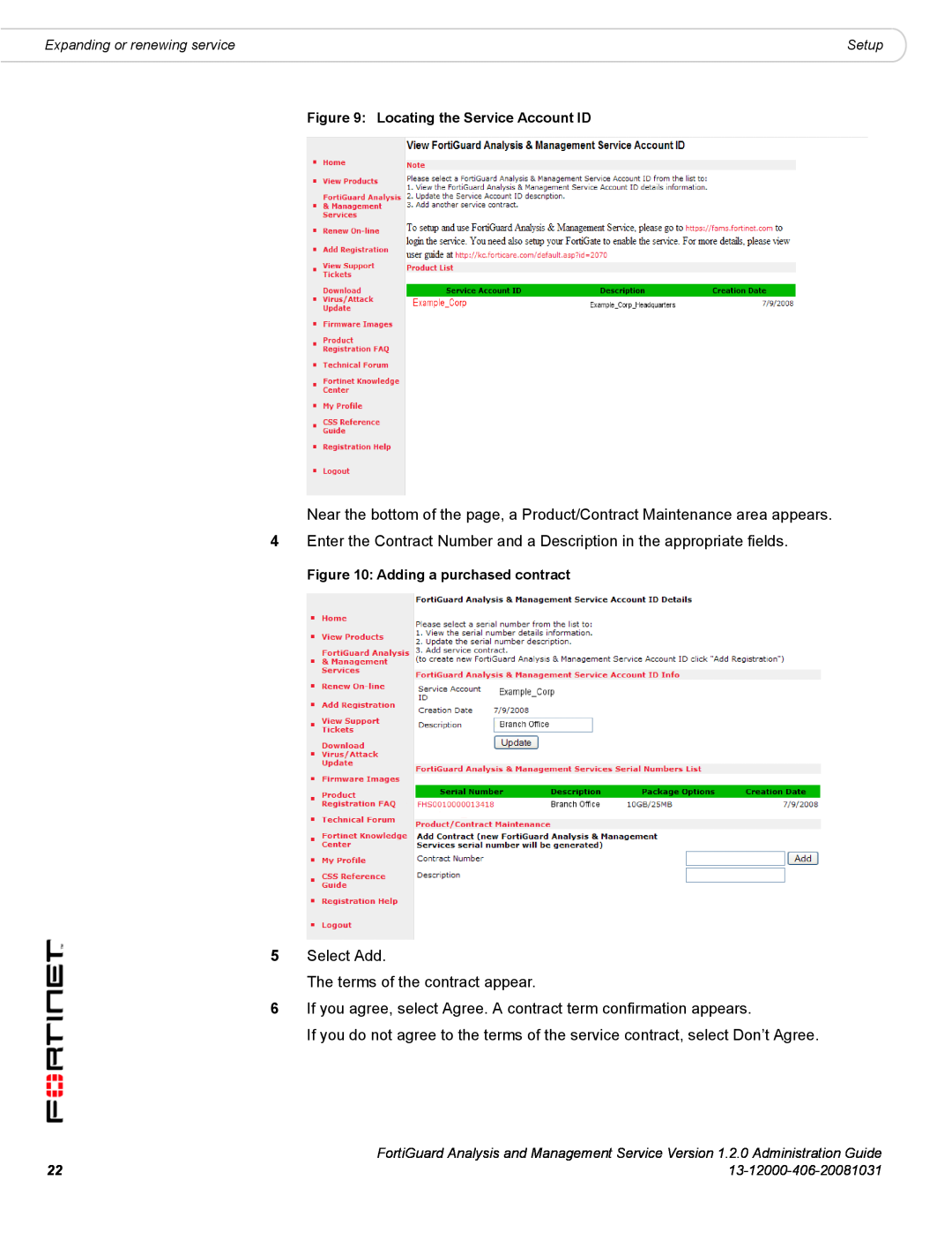 Fortinet 1.2.0 manual Locating the Service Account ID, Adding a purchased contract 