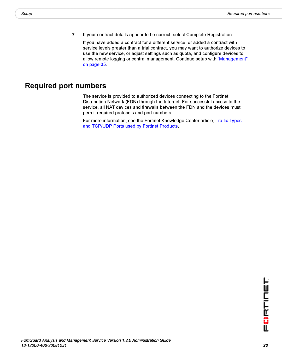 Fortinet 1.2.0 manual Required port numbers 