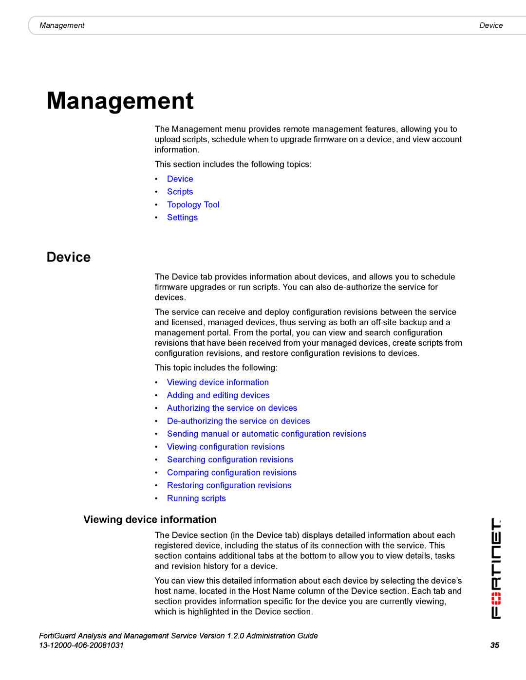 Fortinet 1.2.0 manual Management, Viewing device information, Device Scripts Topology Tool Settings, Running scripts 