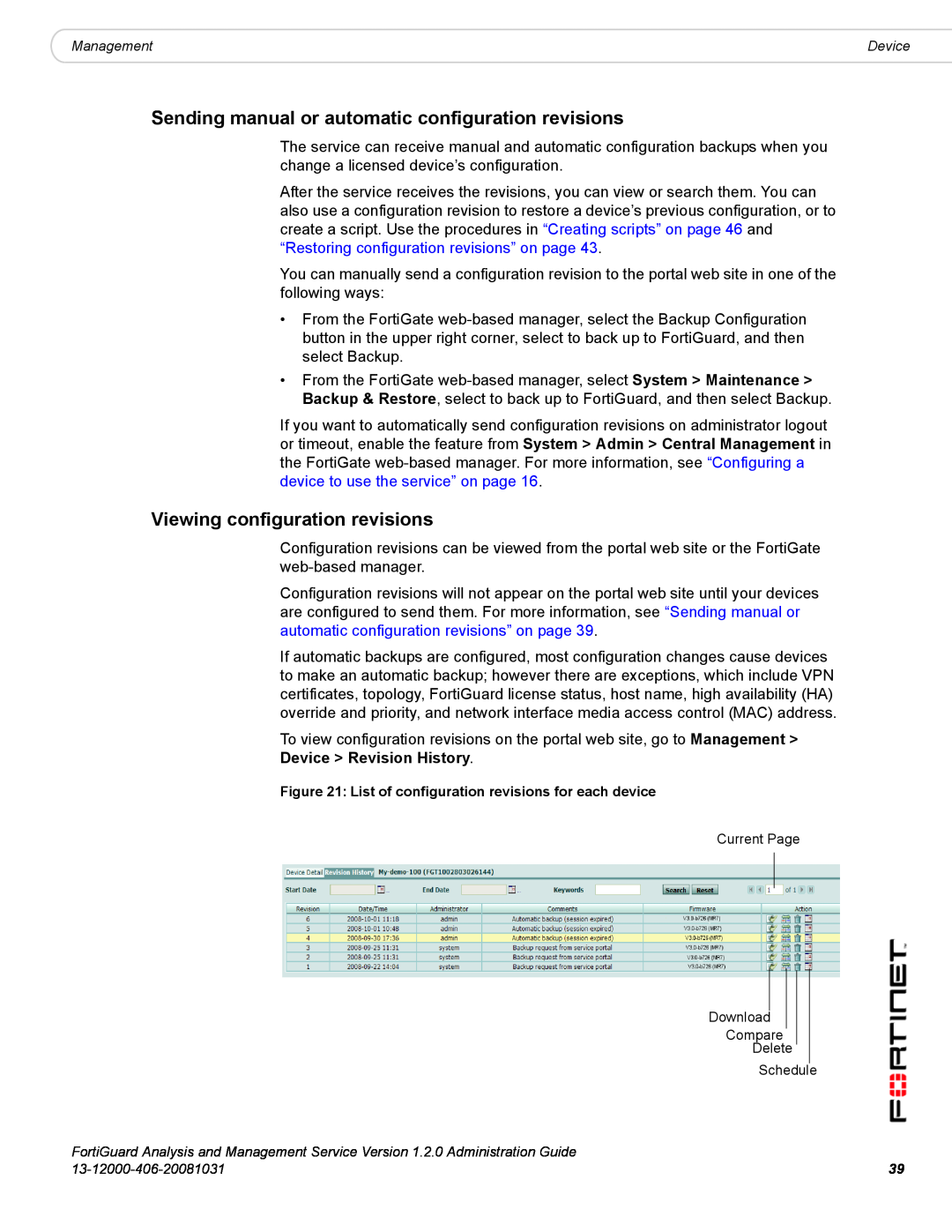 Fortinet 1.2.0 Sending manual or automatic configuration revisions, Viewing configuration revisions 