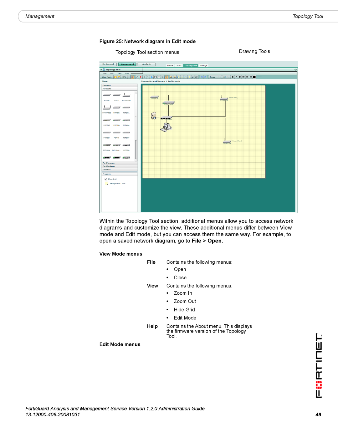 Fortinet 1.2.0 Network diagram in Edit mode, View Mode menus, File Contains the following menus Open Close, Edit Mode 
