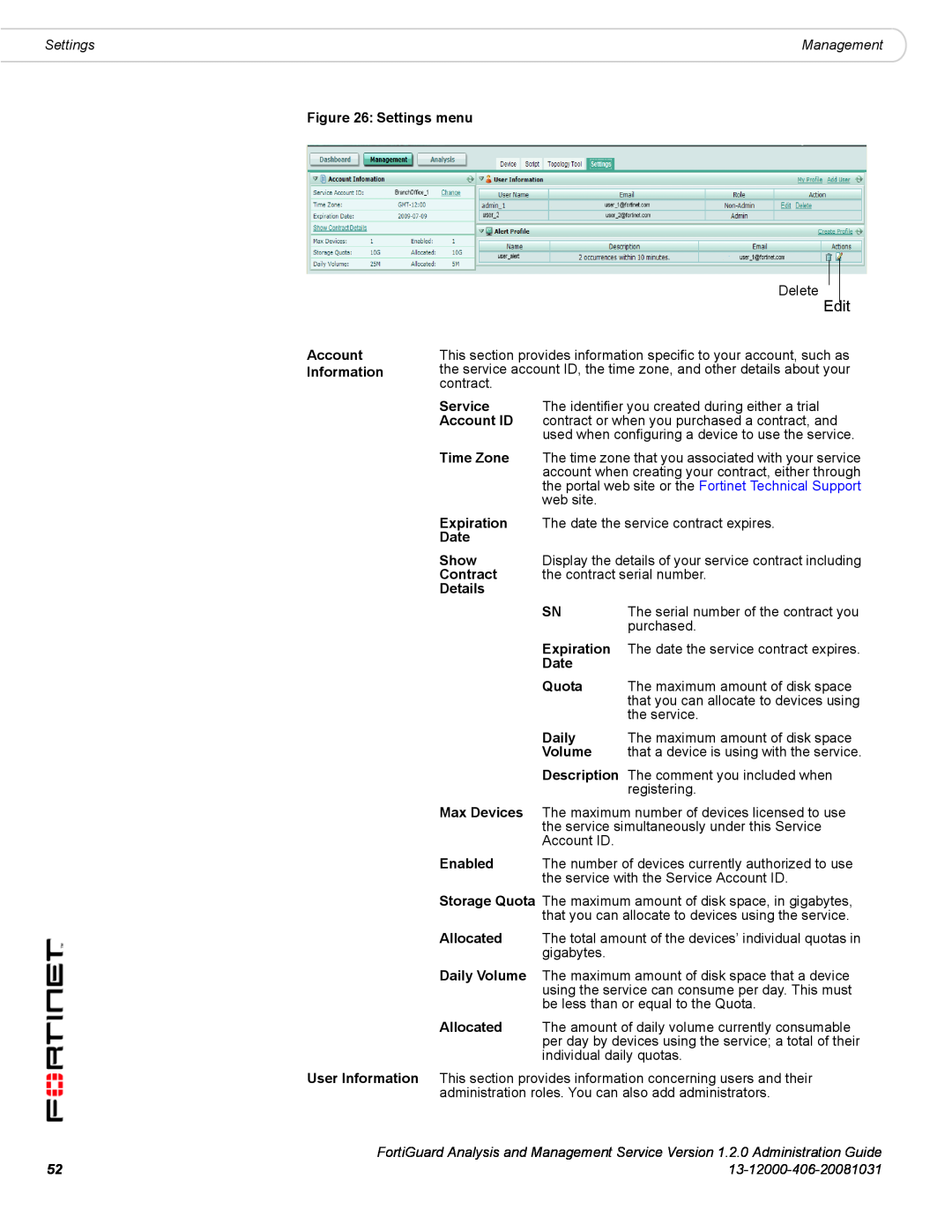 Fortinet 1.2.0 manual Edit, Settings, 13-12000-406-20081031 
