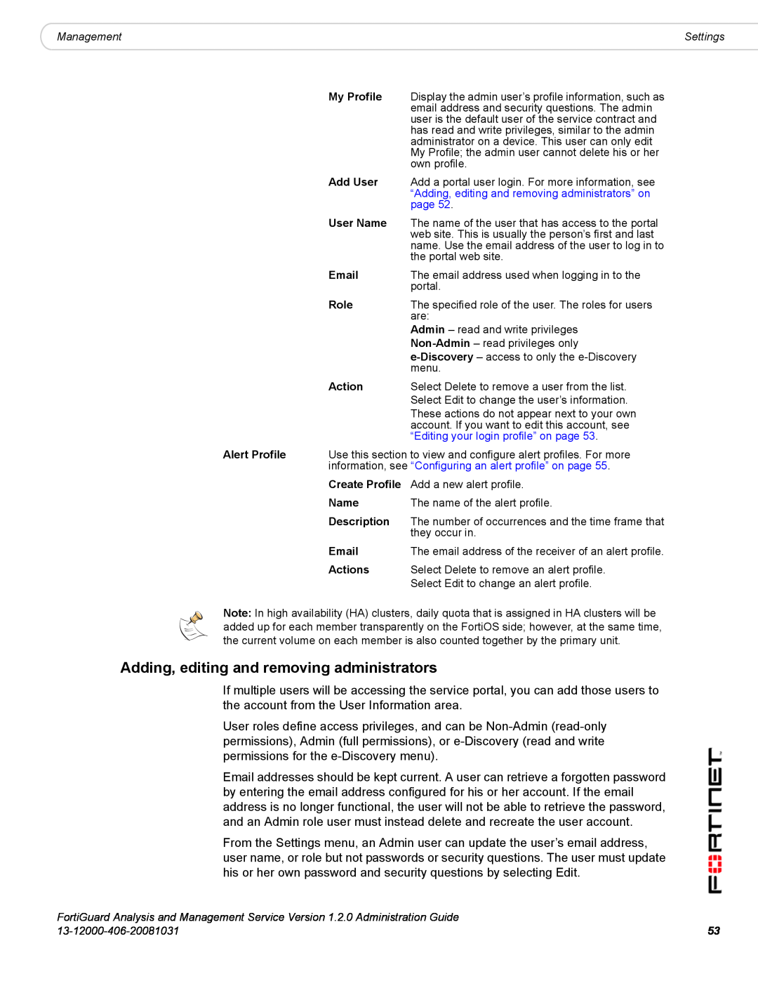 Fortinet 1.2.0 manual Adding, editing and removing administrators 