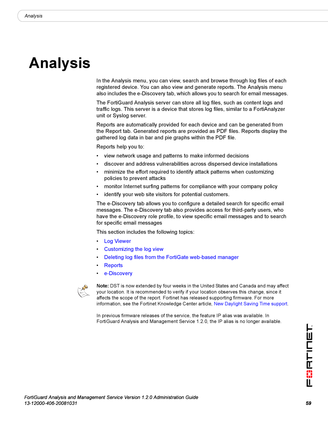 Fortinet 1.2.0 manual Analysis, Log Viewer Customizing the log view, e-Discovery 