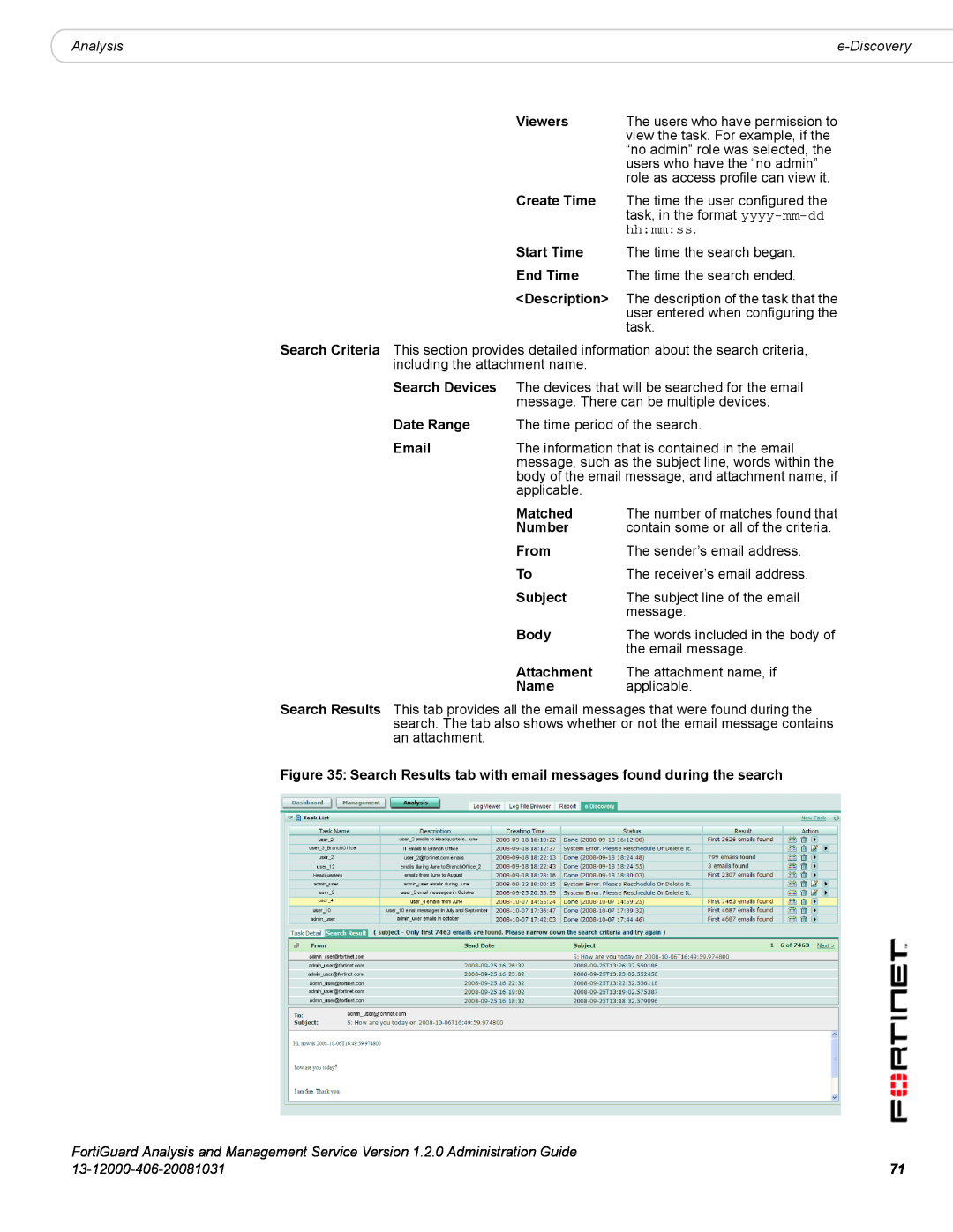 Fortinet 1.2.0 manual Analysis, view the task. For example, if the, 13-12000-406-20081031 