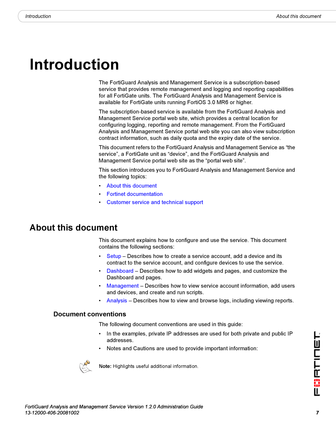 Fortinet 1.2.0 manual Introduction, Document conventions, About this document Fortinet documentation 