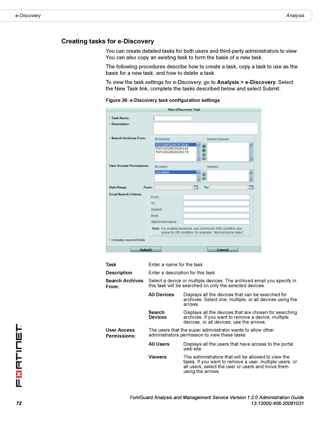 Fortinet 1.2.0 manual Creating tasks for e-Discovery 