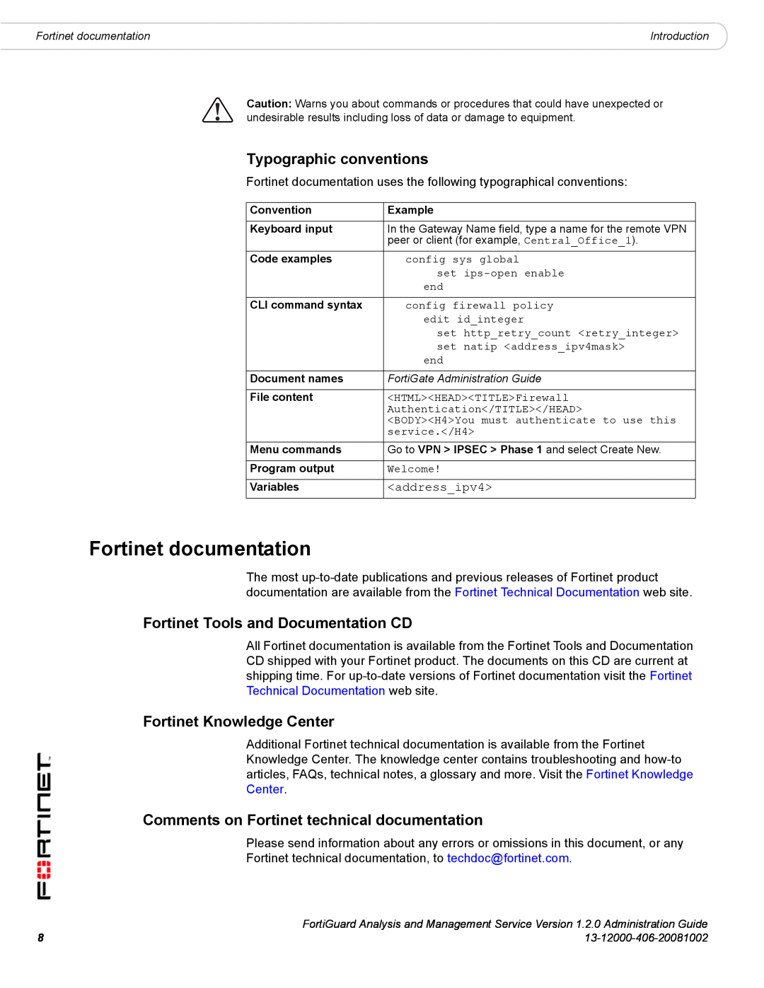 Fortinet 1.2.0 manual Fortinet documentation, Typographic conventions, Fortinet Tools and Documentation CD 