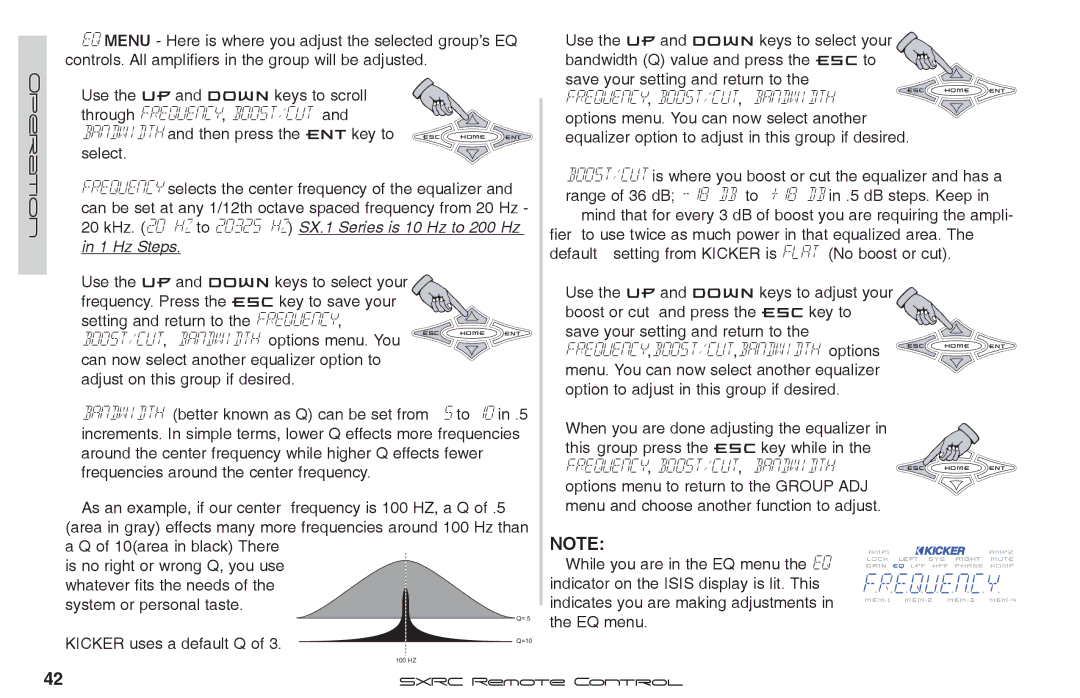 Fortinet 2 SXRC manual Boost/cut , bandwidth options menu. You, Kicker uses a default Q 