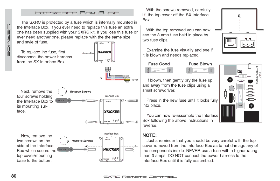 Fortinet 2 SXRC To replace the fuse, first, Disconnect the power harness, From the SX Interface Box, Fuse Good Fuse Blown 