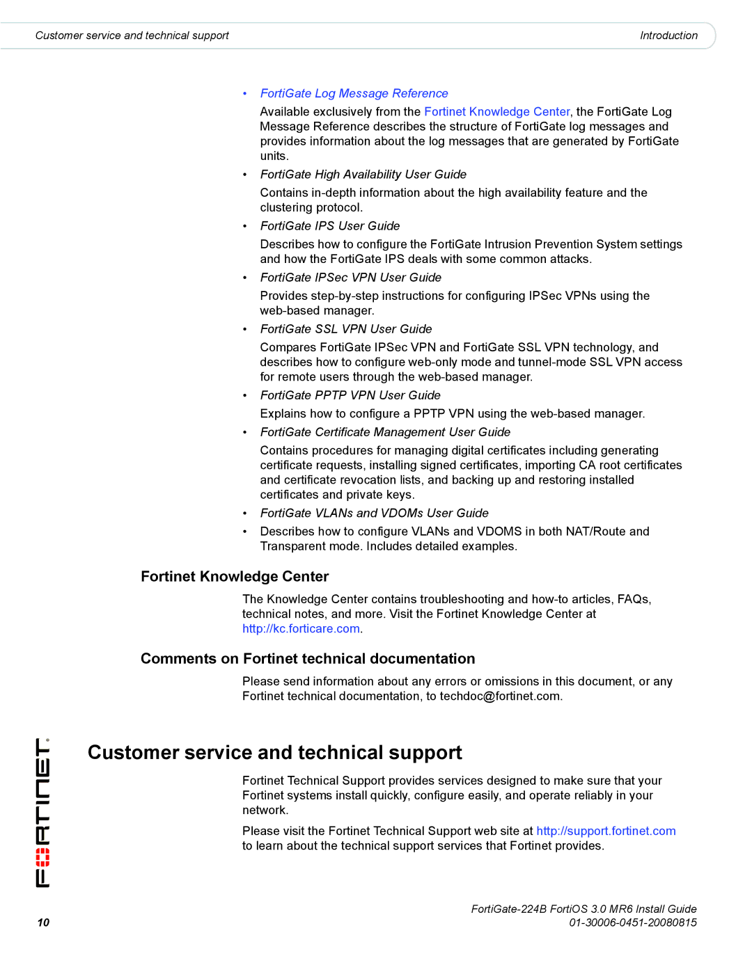 Fortinet 224B manual Customer service and technical support, Fortinet Knowledge Center 