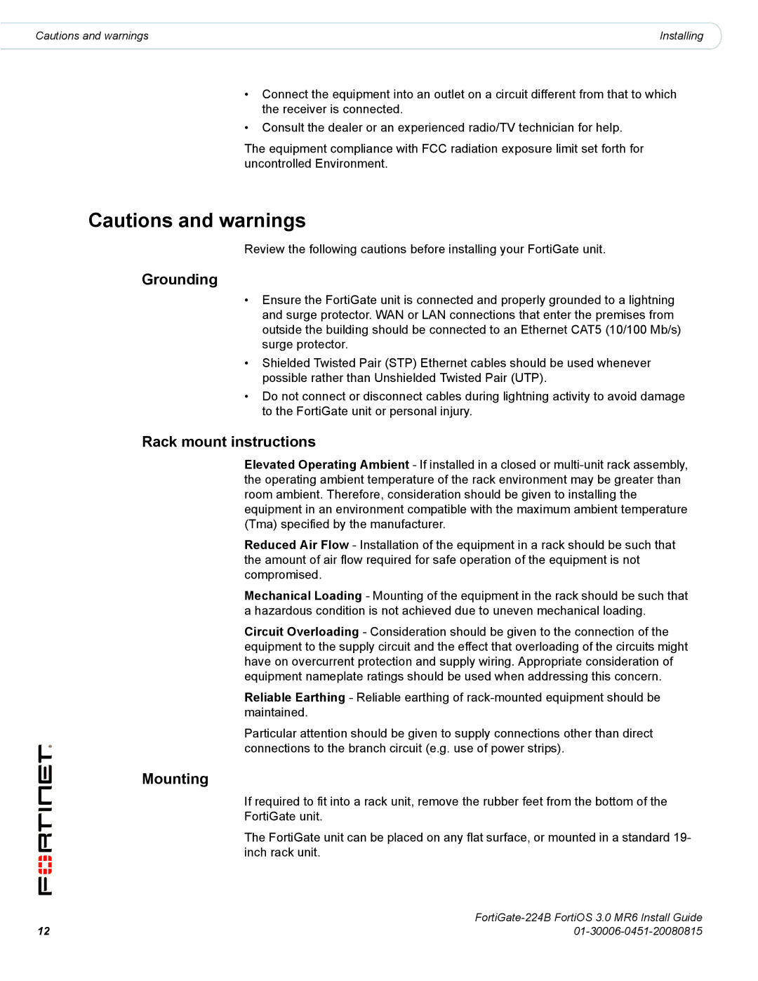 Fortinet 224B manual Grounding, Rack mount instructions, Mounting 