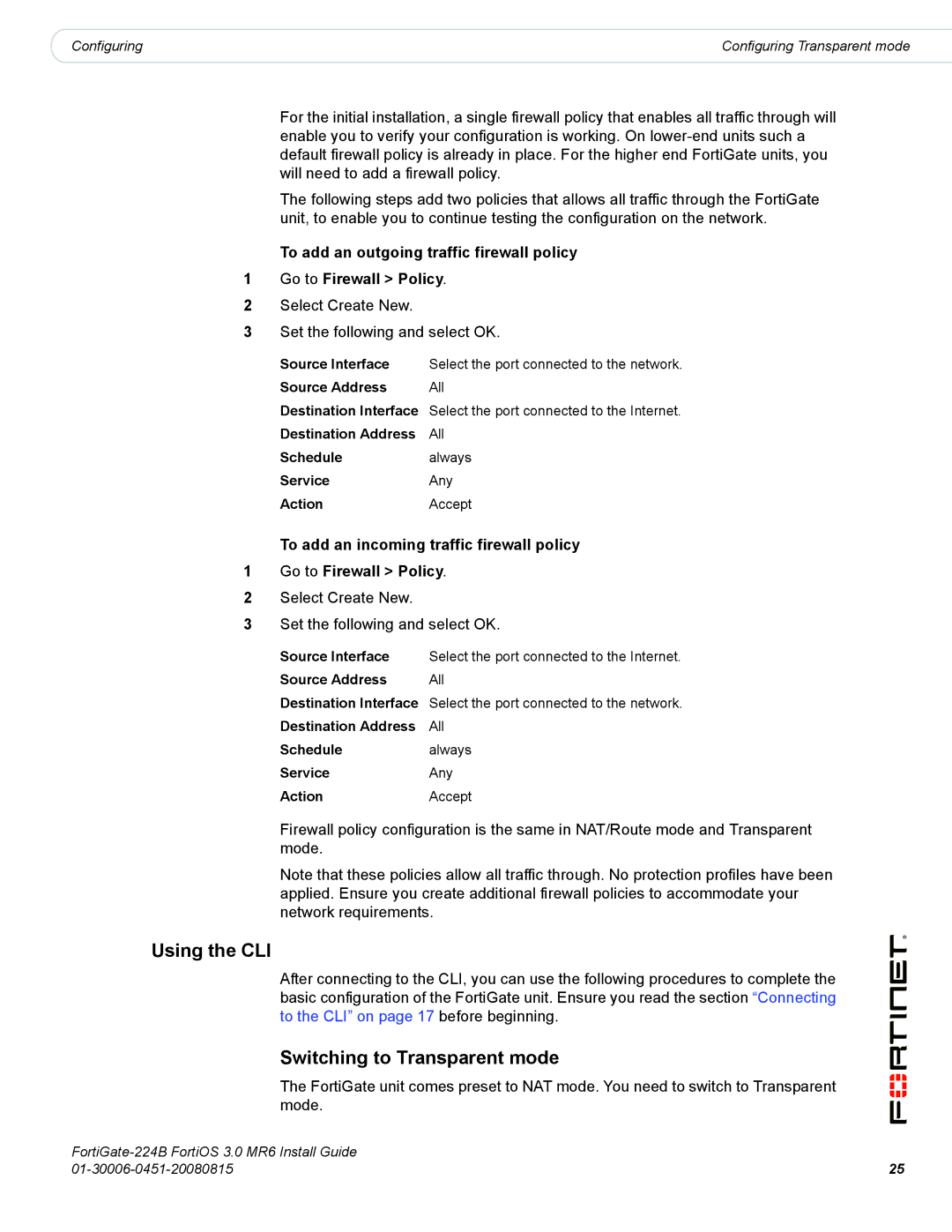 Fortinet 224B manual Source Address All Destination Interface 