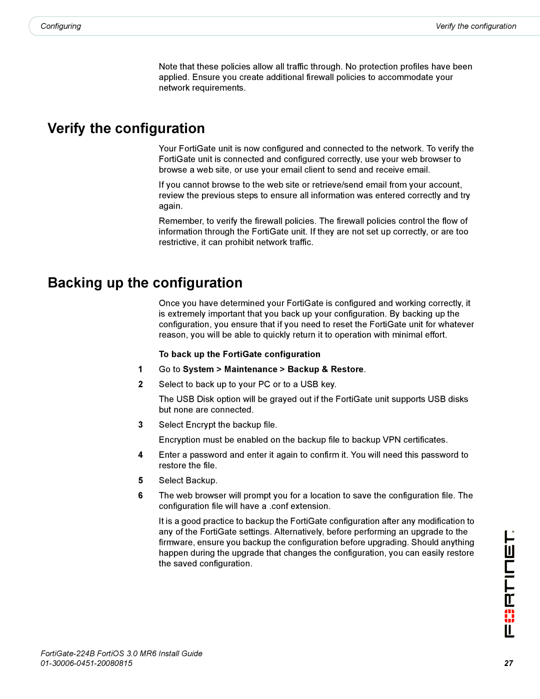 Fortinet 224B manual Verify the configuration, Backing up the configuration 