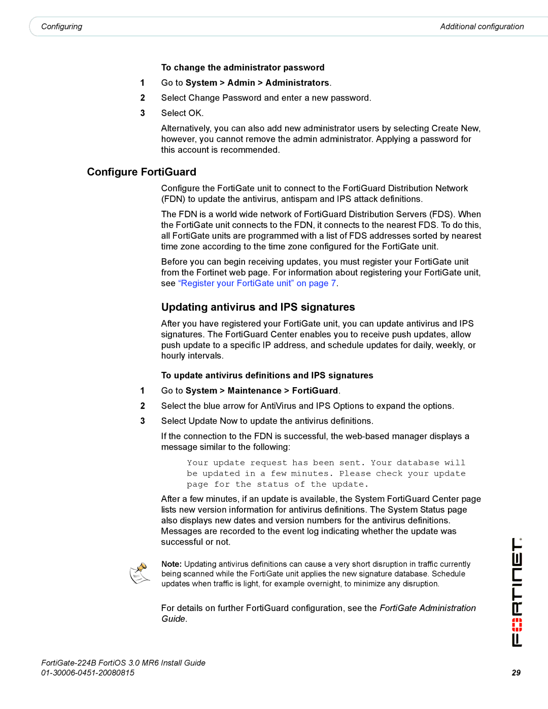 Fortinet 224B manual Configure FortiGuard, Updating antivirus and IPS signatures 