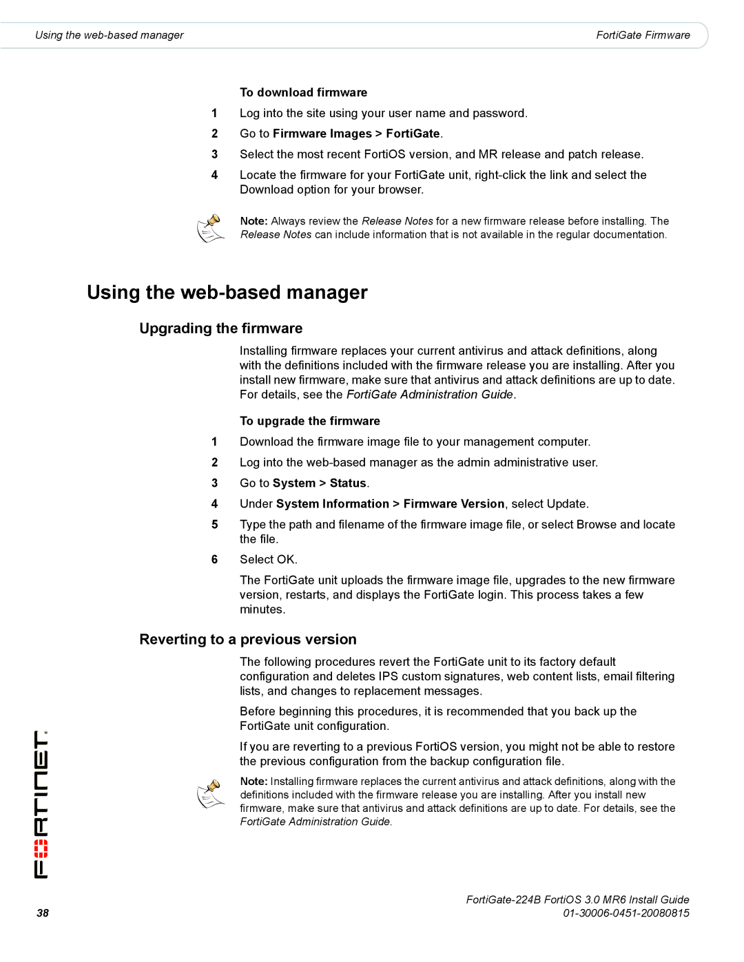 Fortinet 224B manual Using the web-based manager, Upgrading the firmware, Reverting to a previous version 